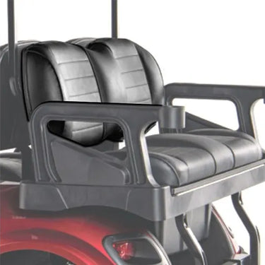 E-Z-GO RXV OEM black seat back assembly for golf carts, part number RXV-SB-Black, shown on a golf cart seat.