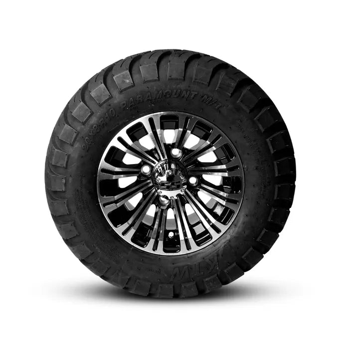 E-Z-GO OEM 20x8R10 PMT MT all terrain golf cart tire, mounted and balanced with black machined finish.