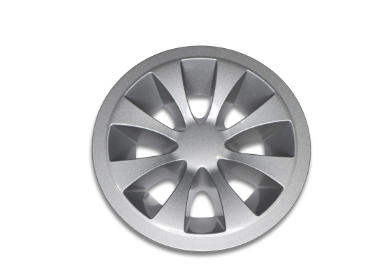 E-Z-GO OEM 8-inch metallic silver wheel cover for golf carts, showcasing a premium upgrade with a sleek, durable finish.
