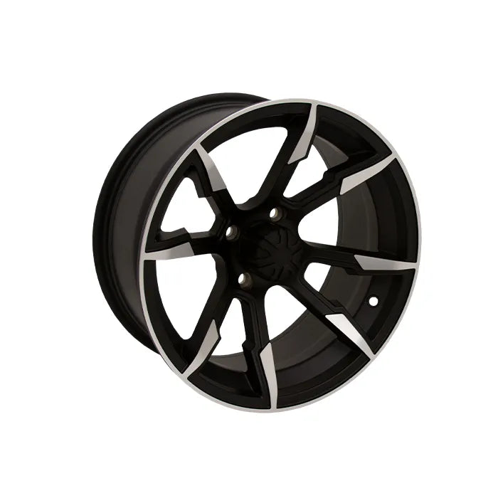 E-Z-GO Atlantis 14x7 satin black machined wheel, OEM golf cart wheel part no 699912, shown on a golf cart.