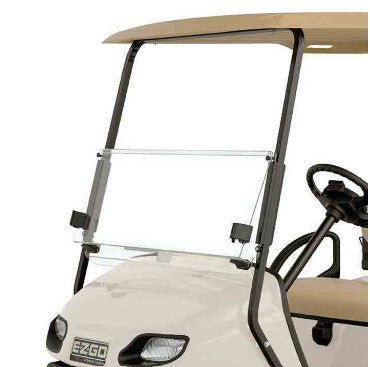 E-Z-GO OEM split windshield kit for golf carts, featuring adjustable airflow vents and weather debris protection.