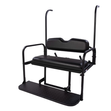 Yamaha G22 golf cart black flip rear seat kit by Rainier Parts, showing comfortable, versatile seat upgrade with durable black upholstery.