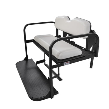 EZGO RXV White Golf Cart flip seat kit by Rainier Parts, showing the durable, comfortable rear seat with easy installation features.