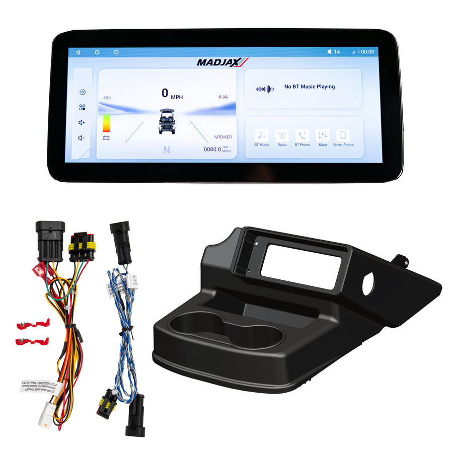 MadJax Kinect display screen kit for EZGO RXV golf cart, featuring eco battery and OEM controller, with clear screen interface.