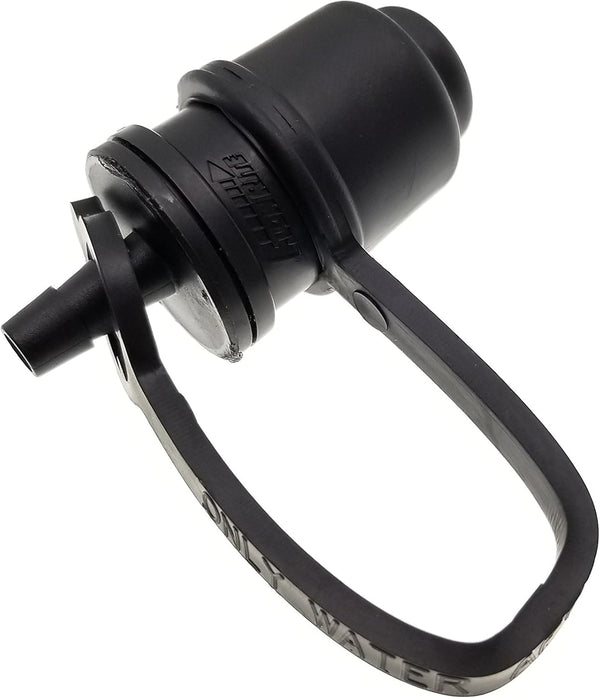 Flow Rite BA-QDV-505 battery coupler with quarter-inch barb, dust cover, leak-proof design, used for EV and DIY battery connections.