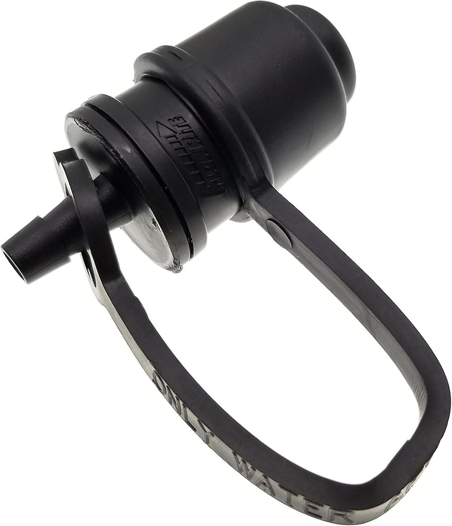 Flow Rite BA-QDV-505 battery coupler with quarter-inch barb, dust cover, leak-proof design, used for EV and DIY battery connections.
