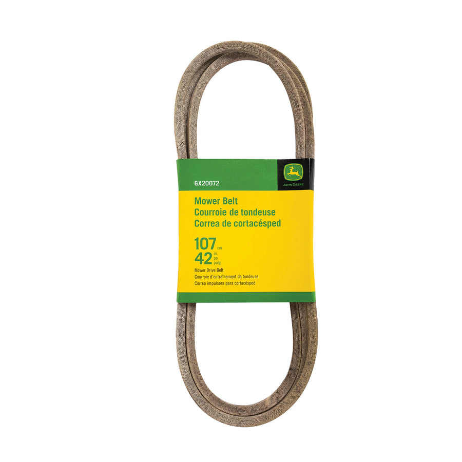 John Deere GX20072 flat mower drive belt, durable OEM belt for lawn tractors, showing the black belt with visible branding.