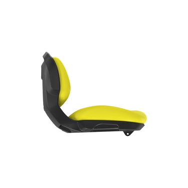 Close-up view of the JOHN DEERE AUC13500: Yellow Seat Assembly, focusing on its 15-inch wide ergonomic padding.
