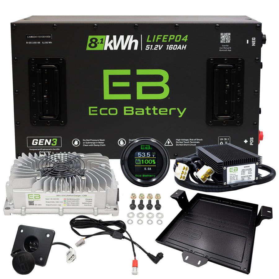 Nivel NB-3235 Eco Lithium Battery bundle for EZGO RXV golf carts, showing the high-capacity 51.2V 160Ah battery system.