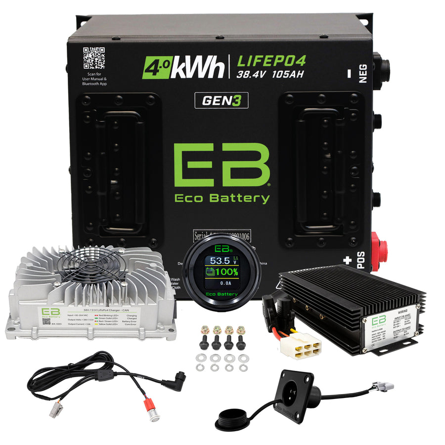 Nivel NB-3240 Eco Lithium Battery bundle for golf carts, 36V to 38V, 105Ah Cube Power, compact battery pack with multiple cells.