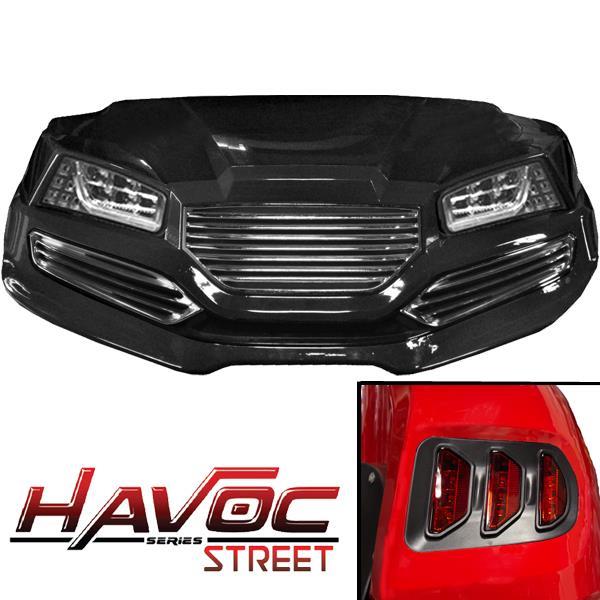 Nivel Havoc Body Kit N05-048KS for G29 Golf Cart in black, includes front and rear body panels for Yamaha G29 models.