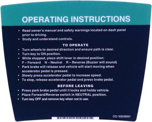 Nivel N14287 Club Car DS decal with operating instructions for 1992 and later models, durable and easy to read safety guide.