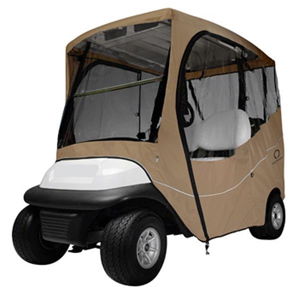 Nivel N2025 2-passenger golf cart enclosure in light khaki, weatherproof travel shelter, universal fit for golf carts.