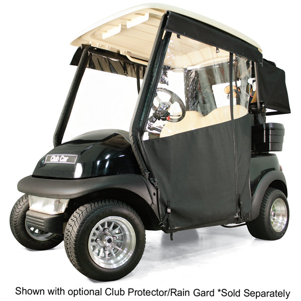 Nivel RedDot Chameleon golf cart enclosure for Club Car, black, two-passenger track-style enclosure with clear windows.