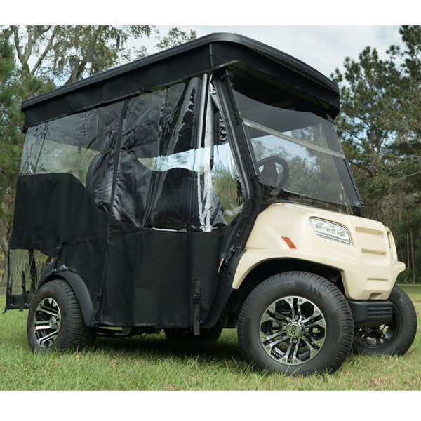 Nivel RedDot Chameleon 4-passenger golf cart enclosure in black, weatherproof, low profile track style for Club Car.