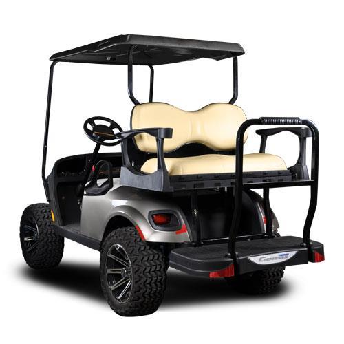 Nivel MadJax Genesis 300 Deluxe Tan rear flip seat kit for EZGO TXT golf cart, made of aluminum with a folding design.
