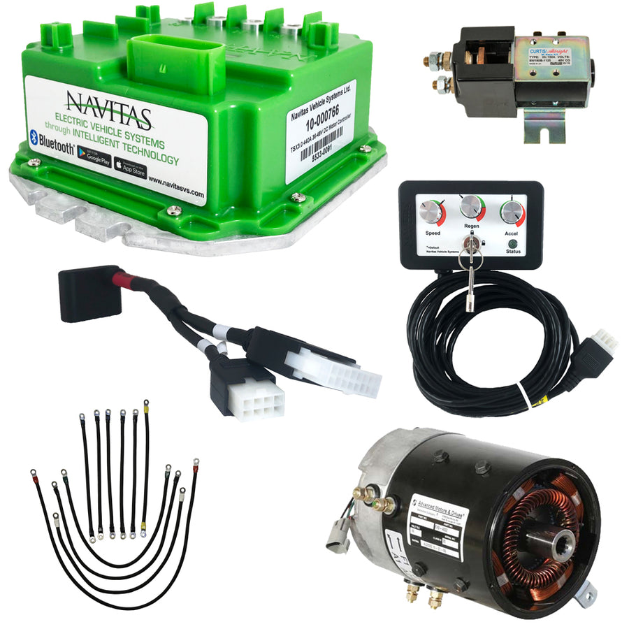 Nivel Navitas TSX3.0 DC motor and controller package for EZGO TXT 48V golf carts, showing motor, controller, and wiring.