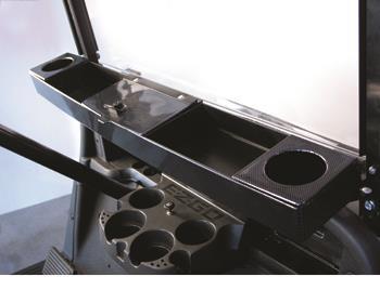 Nivel Carbon Fiber Dash Organizer for golf carts, featuring a secure beverage storage tray and universal fit for on-the-go convenience.