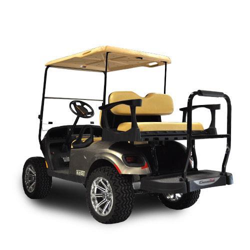 EZGO TXT rear flip seat kit by Nivel with tan cushions for Genesis 250 golf carts, model year 1994-2005, N01-049-203S.