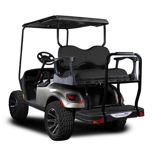 Nivel Genesis 250 Deluxe Rear Flip Seat Kit for EZGO TXT golf carts, black steel with fold-down seating and mounting hardware.