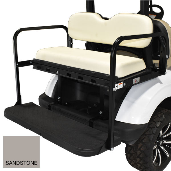 Nivel GTW MACH3 rear flip seat for EZGO RXV in sandstone, featuring quick install and extra passenger comfort.