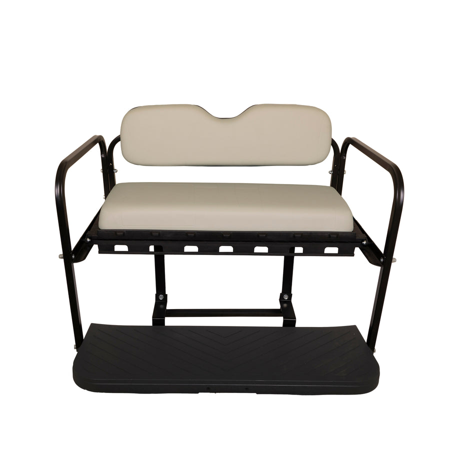 Nivel GTW Mach3 rear flip seat for Yamaha Drive2 golf cart, gray, converts to flatbed for extra cargo space.