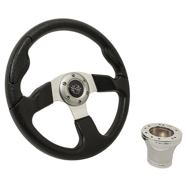 Nivel N06-105 EZGO black sport steering wheel kit for golf carts, featuring durable grip and easy installation.