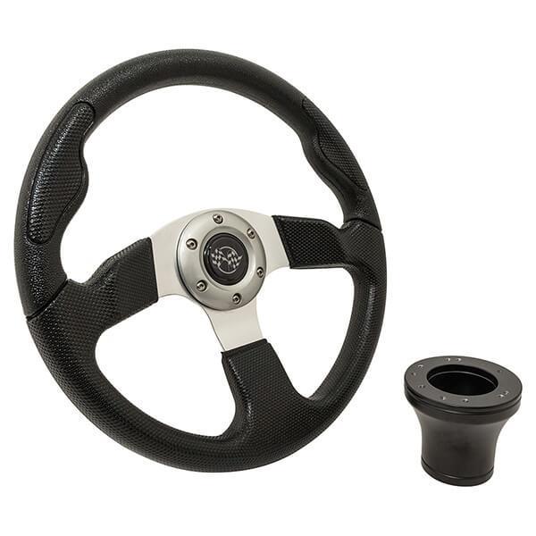 Nivel N06-109 EZGO black sport steering wheel kit for golf carts, with a sleek black design and ergonomic grip for 1994.5 models.