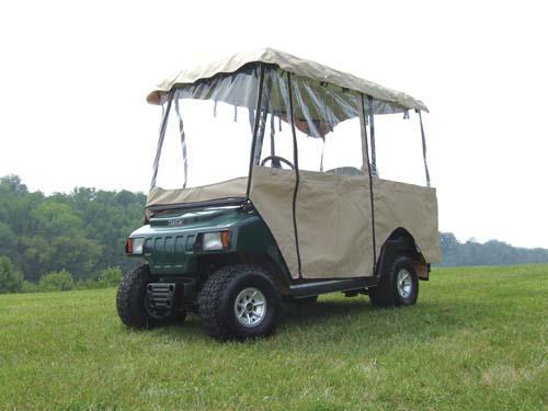 Nivel Golf Cart Enclosure top in beige for 4-sided, 4-passenger golf cart, universal fit for 80 tops, model N10779.