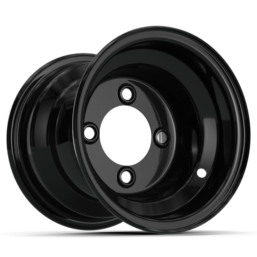 Nivel 8x7 gloss black steel wheel for golf carts, featuring a centered hub and durable, balanced design.