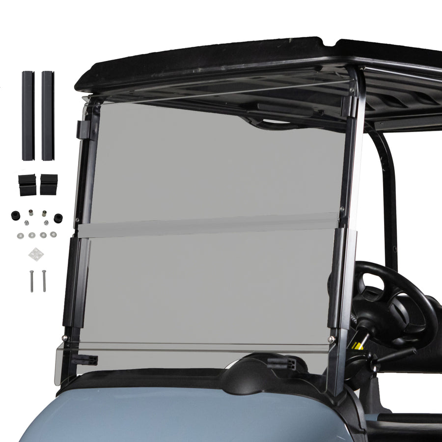 Nivel EZGO RXV folding windshield with tinted weather shield for 2008 and up golf carts, providing protection and visibility.