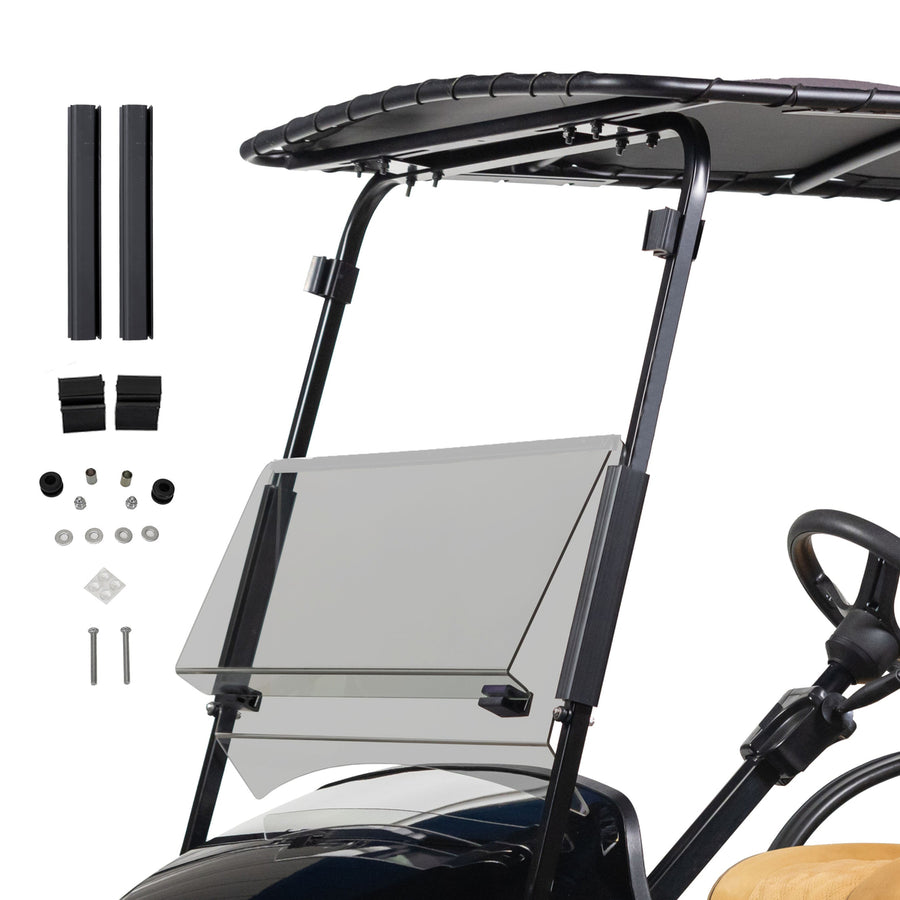 Nivel EZGO TXT golf cart bolt folding tinted windshield, compatible with 1994-2013 models, provides protection and visibility.