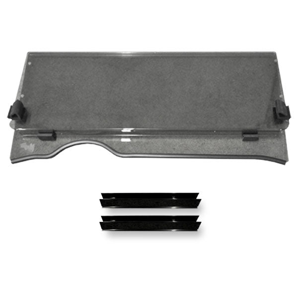 Nivel MadJax folding tinted windshield for EZGO RXV golf carts, 2008 and up, with clear glass and black frame.