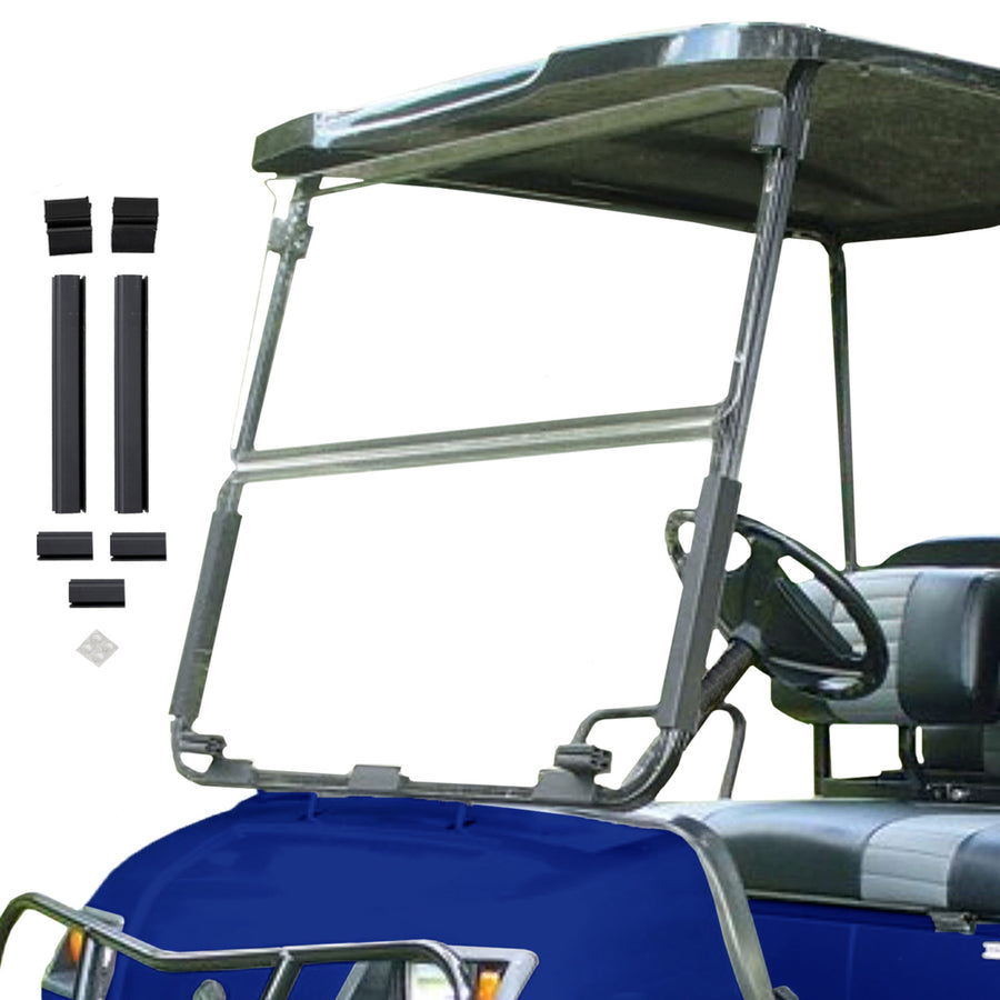Nivel N6006 clear folding windshield for Yamaha G14-G19 golf carts, provides wind and debris protection, easy to install.