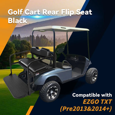 Rainier Parts EZGO TXT Flip Seat Kit in black for 96+ golf carts, durable, versatile conversion from seat to flatbed.
