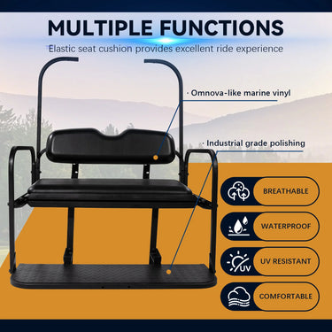 Rainier Parts EZGO TXT Flip Seat Kit in black for 96+ golf carts, durable design, converts seat to flatbed for versatile use.