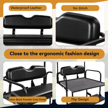 Black EZGO TXT Flip Seat Kit by Rainier Parts for 96+ golf carts, durable design, converts seat to flatbed for versatile utility.