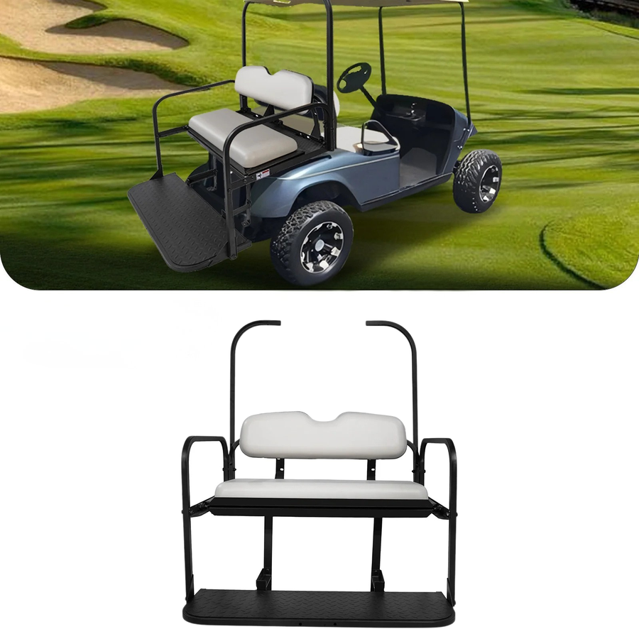 White Rainier Parts flip seat kit for EZGO TXT golf carts, easily converts to cargo space with a durable, stylish design.