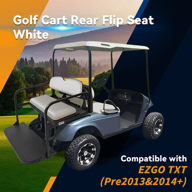 White Rainier Parts rear flip seat kit for EZGO TXT golf carts, showing the versatile flip seat with cargo space in a natural setting.