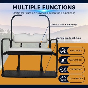 White Rainier Parts flip seat kit for EZGO TXT golf carts, rear seat flips to cargo space, easy to install, durable and versatile.