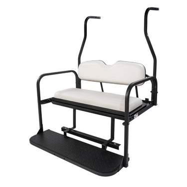 Rainier Parts Flip Seat Kit for Club Car DS 2000 and up, white durable golf cart seat with easy installation and versatile comfort.