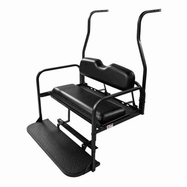 Rainier Parts black flip seat kit for Club Car DS golf carts, convertible to cargo bed, durable and versatile accessory.