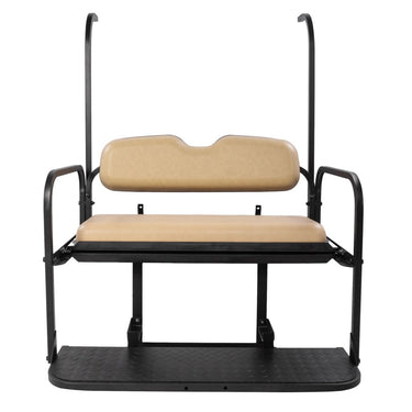 Rainier Parts Yamaha G22 flip seat kit in tan for golf carts, featuring easy installation and durable design for rear seat conversion.
