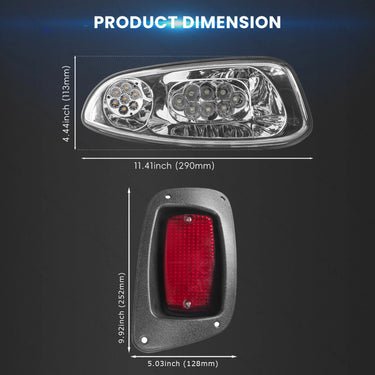 Rainier Parts EZ-GO RXV 2016+ LED Deluxe Light Kit installed on golf cart, showing high-brightness headlights and durable mounting.