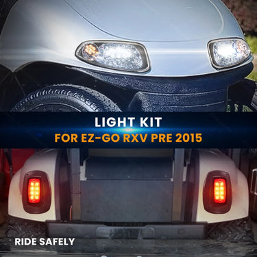 Rainier Parts LED Basic Light Kit for EZ-GO RXV golf carts pre-2015, 12-48V, with headlights and taillights for improved visibility.