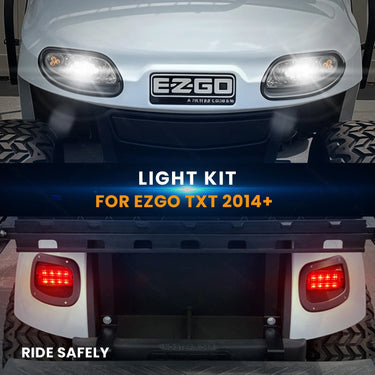 LED headlights feature of EZ-GO TXT 2014+ LED Deluxe Light Kit 12-48 volt illuminating the path.