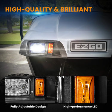Rainier Parts EZ GO TXT pre-2013 LED light kit installed on golf cart, showing durable 12-48V LED lights for easy installation.