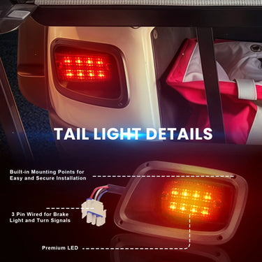 Rainier Parts EZ GO TXT Pre2013 LED Light Kit installed on golf cart, showing durable 12-48V LED lights for easy installation.