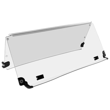 Clear PMMA folding windshield for Club Car Tempo and Precedent golf carts, lightweight, durable, designed by Rainier Parts.