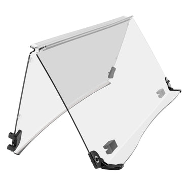 Clear PMMA folding windshield for Club Car Tempo and Precedent golf carts, lightweight and durable by Rainier Parts.